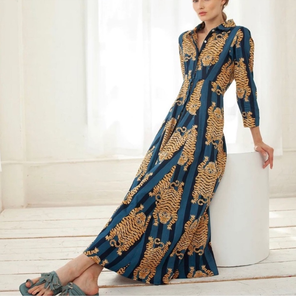 GUADALUPE DESIGN Luciana Tibet Tiger Blue Organic Cotton Maxi Dress